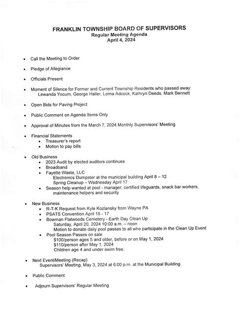 Franklin Township Pa Regular Meeting Agenda April 4 2024