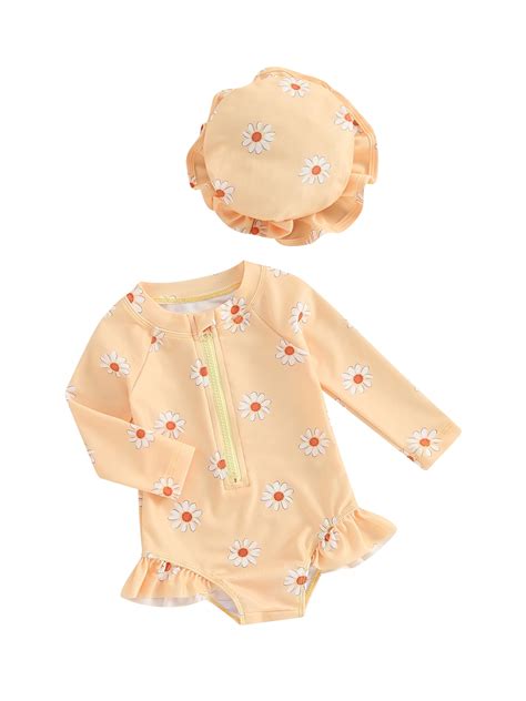 Shuttle Tree Baby Girls Swimsuit Long Sleeve Flower Print Zipped Bikini With Hat Newborn