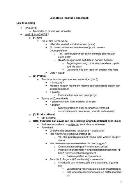 Samenvattingen Van Alle Lessen Lesnotities Innovatie Onderzoek Les