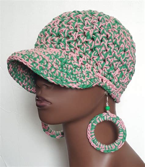 Pink And Green Chunky Cotton Crochet Baseball Cap With Earrings By