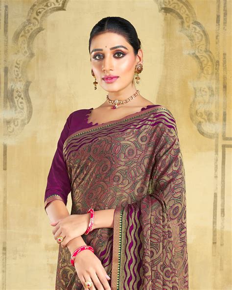 Vishal Prints Wine Brasso Saree With Zari Piping