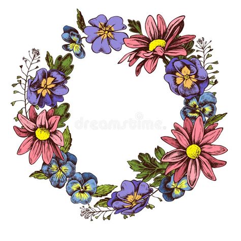 Floral Wreath Of Heartseases Chrysanthemums And Shepherd Purse Hand