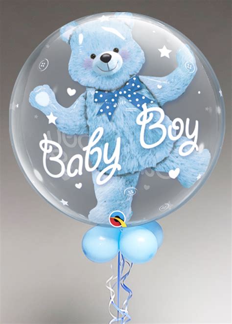 Baby Boy Blue Teddy Bubble Helium Balloon With Collar And Base