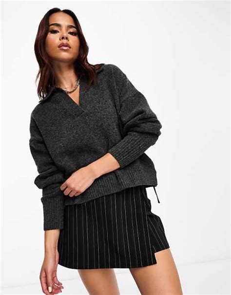 Monki Long Sleeve Collar Knit Sweater In Dark Gray Asos