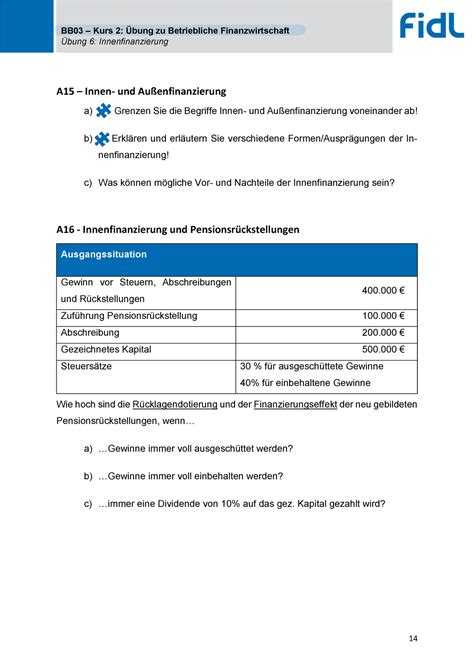 Übung 6 14 BB03 Kurs 2 Übung zu Betriebliche Finanzwirtschaft