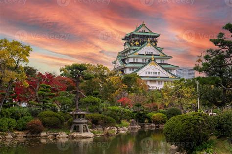 Osaka Castle In Autumn Foliage Season Is A Famous Japanese Castle