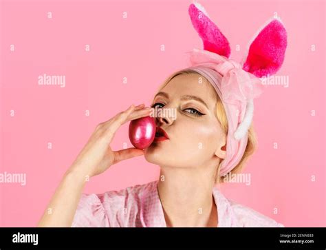 Hunting Eggs Woman With Bunny Ears Kiss Easter Egg Spring Holiday