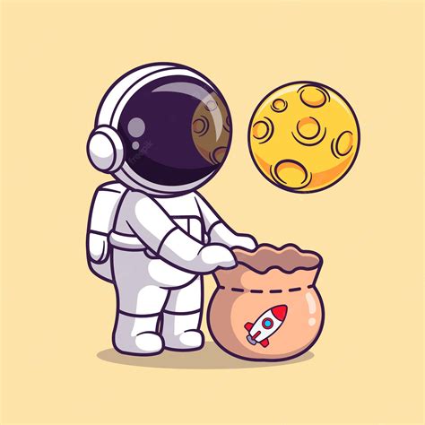 Lindo Astronauta Atrapando La Luna Con Bolsa De Cohete Dibujos Animados Vector Icono Ilustración