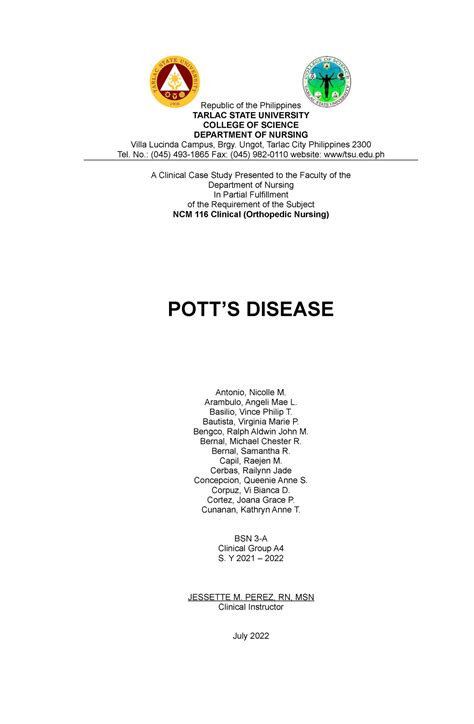 Potts Disease A4 CASE Study Republic Of The Philippines TARLAC STATE