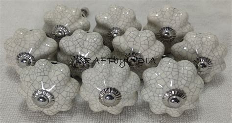 Cream Crackle Ceramic Door Knobs Hand Painted Kitchen Cabinet Drawer