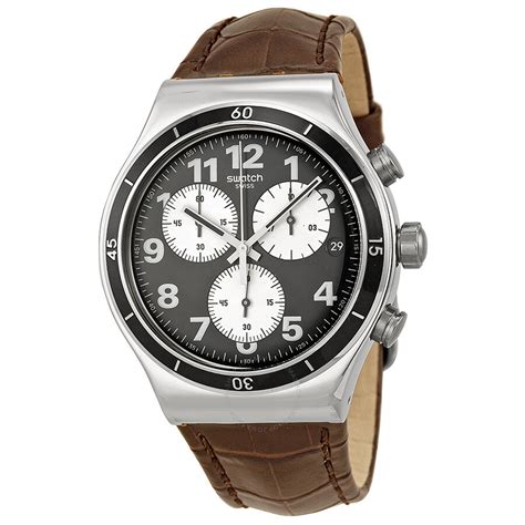 Swatch Irony Browned Chronograph Black Dial Leather Strap Mens Watch