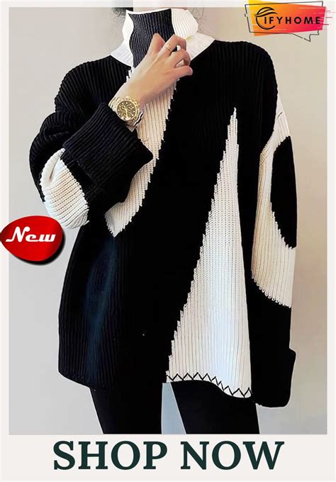 Micro Elasticity Turtleneck Long Sleeve Loose Color Block Sweater In