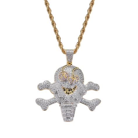 Brass Cz Funny Pendant Hip Hop Necklace Ice Cream Skull Necklace For