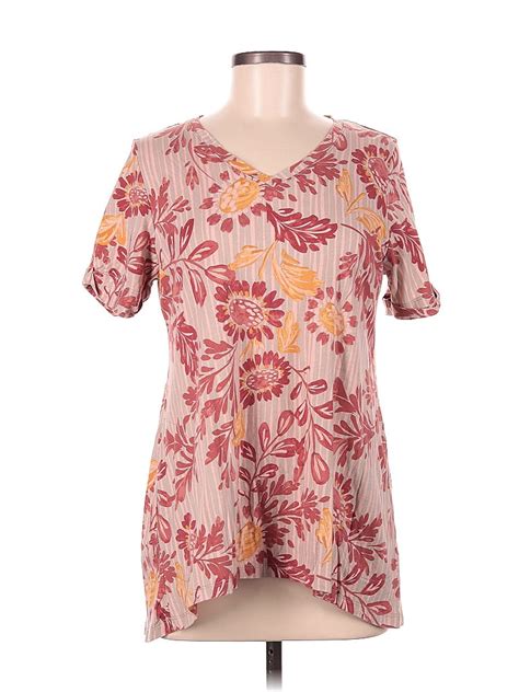 Logo By Lori Goldstein Tropical Multi Color Burgundy Short Sleeve Top