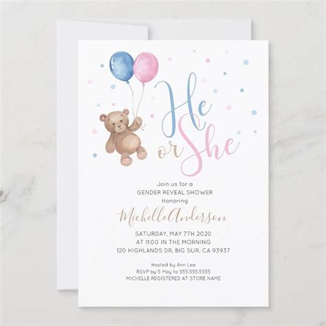 Teddy Bear Baby Gender Reveal Shower Invitation Zazzle Gender