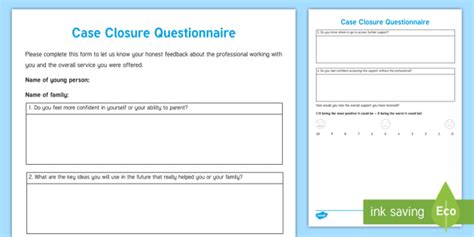 Case Closure Questionnaire Young People And Families Case File Recording