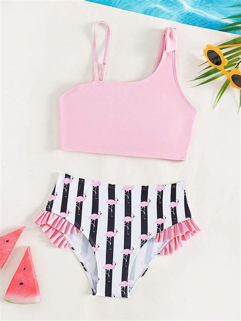 Conjunto de bikini con volantes estampado de rayas y flamencos para niña preadolescente ideal