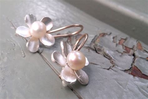 Flower Pearl Earrings Silver And Gold Earrings Drop Pearl Etsy