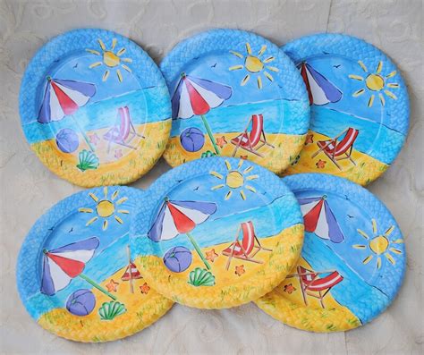 Set Of 6 Beach Themed Plastic Plates Perfect For Picnics Or Etsy