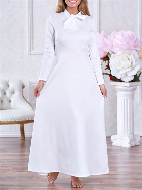 White Bow Draped Long Sleeve Elegant Church Party Maxi Dress Maxi