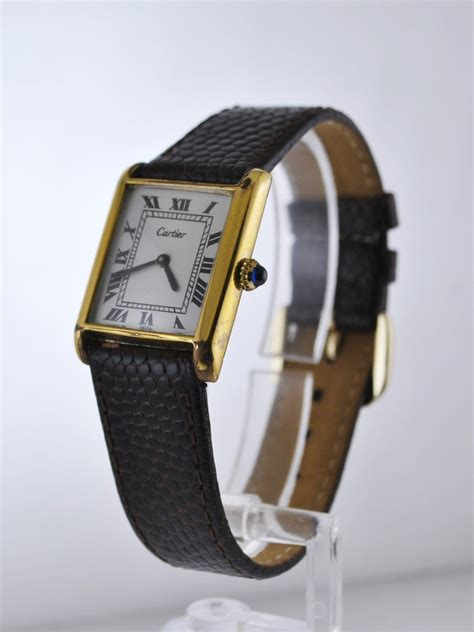 1960s Cartier Classic Vintage Mens Wristwatch Gold Tone On Brown