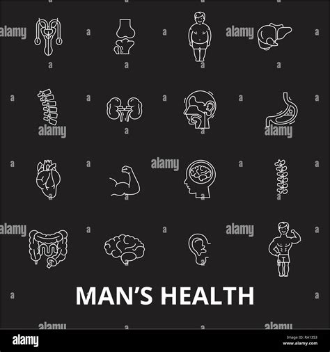 Man Health Editable Line Icons Vector Set On Black Background Man