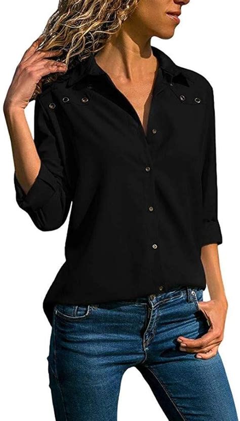 Pingrog Damen Elegant Einfarbig Bluse V Ausschnitt Down Button Tops Stilvoll Einzigartig Langarm