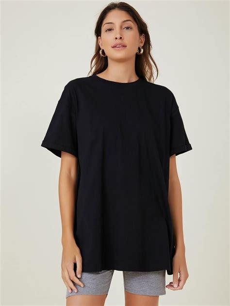 Shein Basics Cotton Rolled Cuff Drop Shoulder Oversized Longline Tee