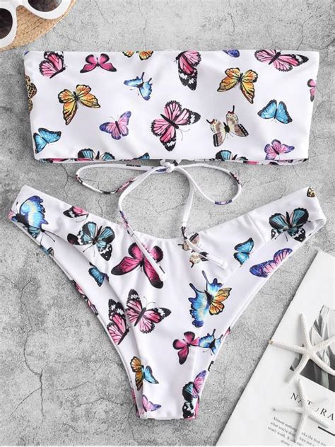 60 OFF 2021 ZAFUL Butterfly Print Lace Up Bandeau Bikini Swimwear In