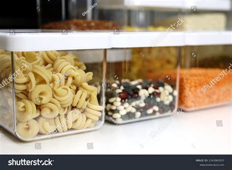 Transparent Containers Filled Pasta Legumes Cereals Stock Photo