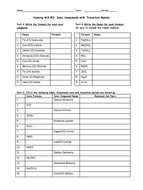 Fillable Online Naming Ws Ionic Compounds With Transition Metals