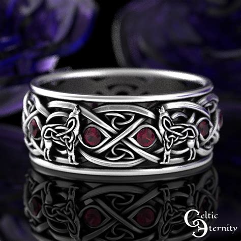 Ruby Wolf Wedding Ring Sterling Mens Wedding Band Celtic Wolf Mens