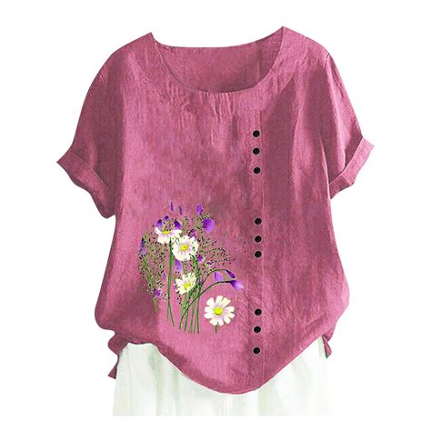 Ojsfqufp Summer Top Hot Pink Womens Soft Cotton And Short Sleeve Button Top Round Neck Printed T