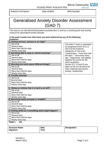 Copy Of Gad 7 Teaching Resources