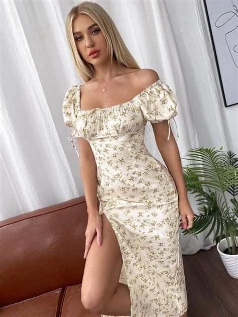 Shein Priv Vestido Con Estampado Floral De Muslo Con Abertura Con