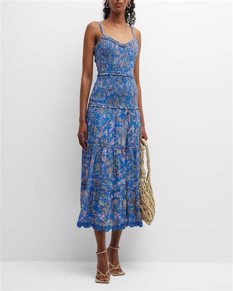 Hemant And Nandita Smocked Paisley Tiered Spaghetti Strap Midi Dress In Blue Lyst