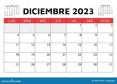 December 2023 Spanish Calendar Vector Illustration Monthly Planning