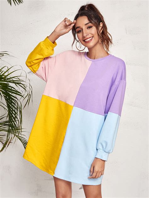 Multicolorido Bloco de cores ocasional Suéter Loose tshirt dress