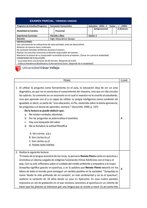 Examen Parcial I Filosof A Y Etica Programa De Estudios