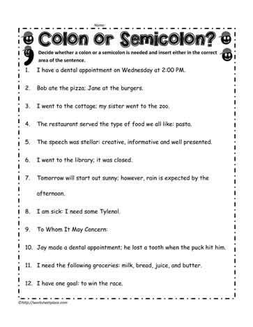 Year 6 Semi Colons Worksheet