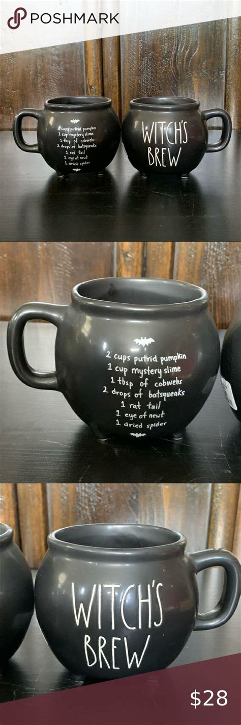 Rae Dunn WITCHS BREW Double Sided Ceramic Cauldron Mug With Recipe