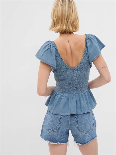 Ruffle Sleeve Denim Peplum Top With Washwell Gap