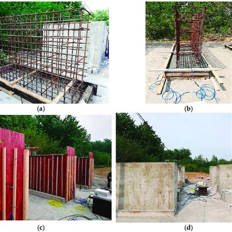 Pouring of reinforced concrete walls. (a) Layout of reinforcement, (b ...