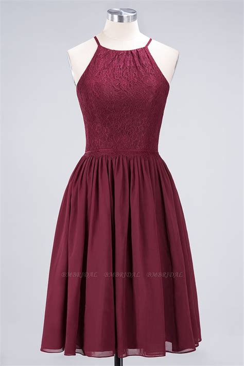 A Line Chiffon Lace Jewel Sleeveless Knee Length Bridesmaid Dresses With Short Lace