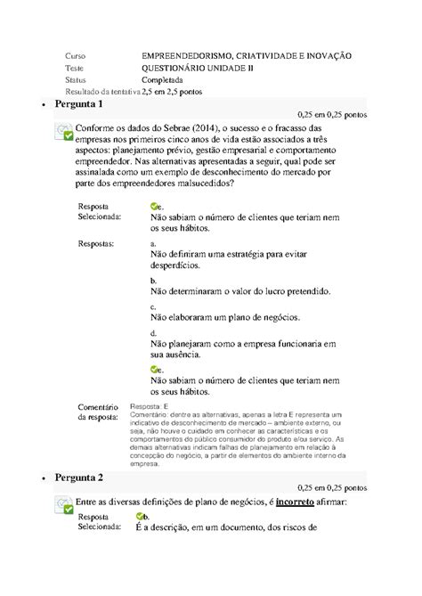 Empreendedorismo, Criatividade E Inovação - Questionário Unidade II