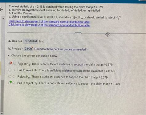 Solved The Test Statistic Of Z 2 18 Is Obtained When Testing Chegg