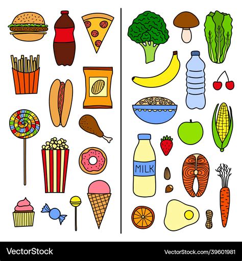 Set of healthy and unhealthy food Royalty Free Vector Image