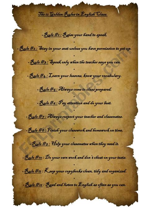 The 12 Golden Rules In English Class Esl Worksheet By Sadbetty