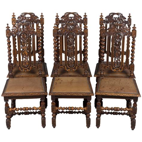 French Provincial Carved Oak Dining Room Chairs Set Of 6 Antique