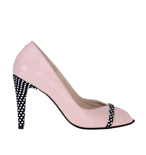 Pantofi Dama Peep Toe Piele Nude Roze Piele Cu Buline